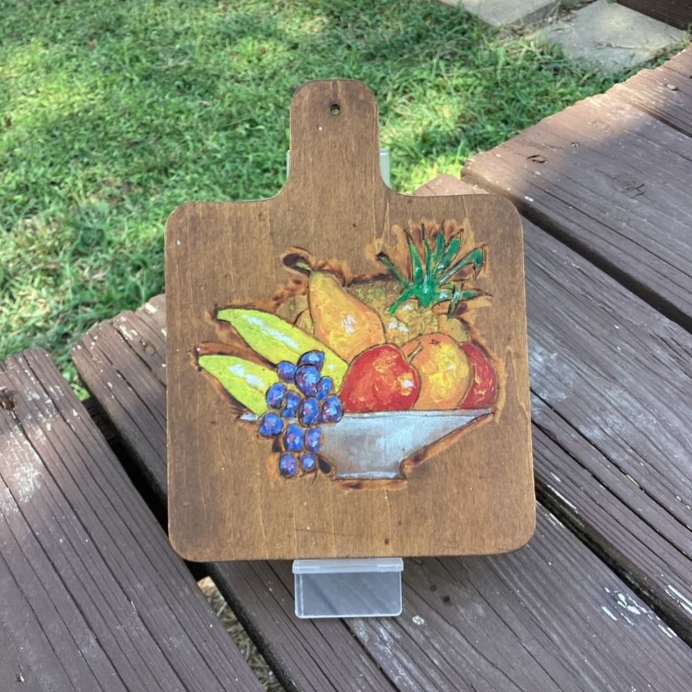 Vintage Hand Painted Wood Burned Fruit Still Life Wall Plaque Kitchen Decor 8.5"